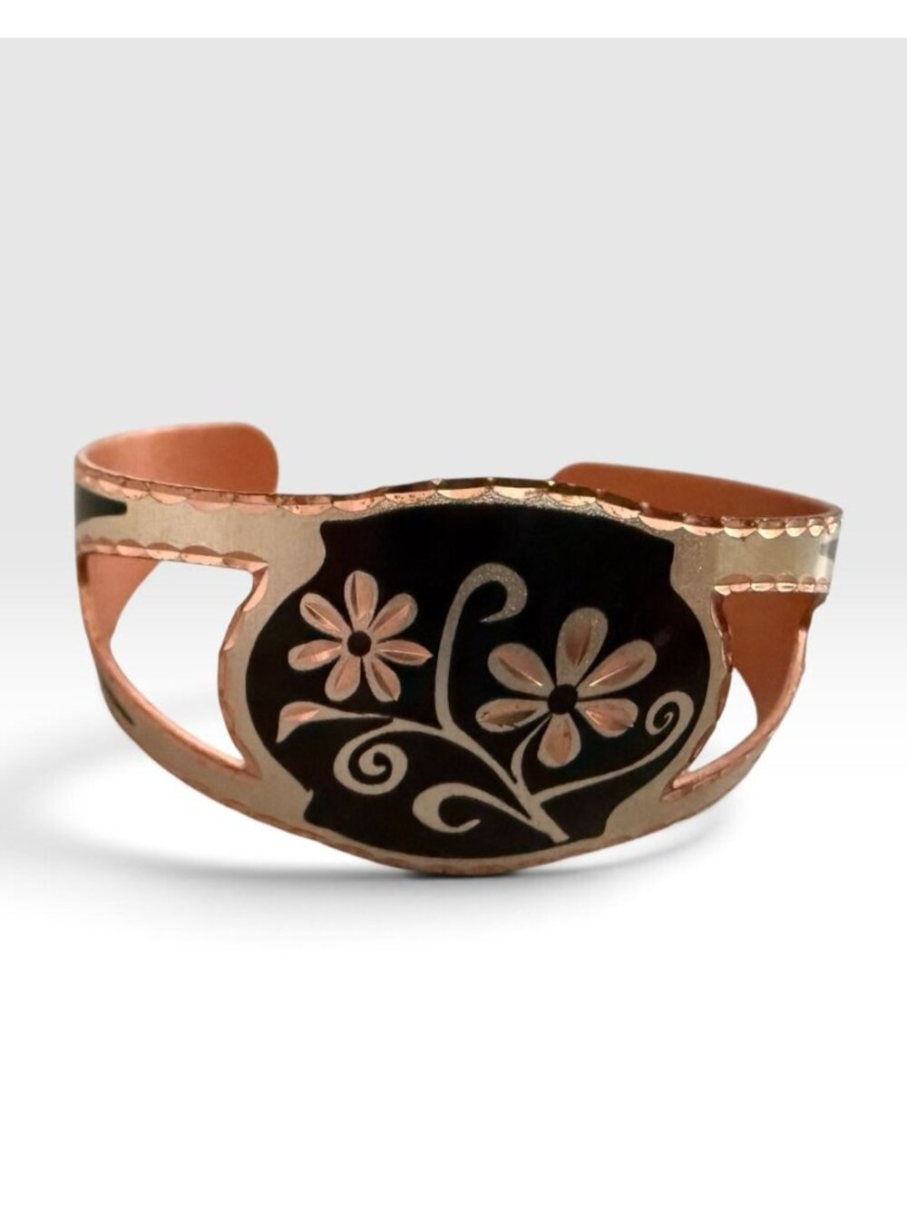 Handcrafted Copper Cutout Flower Cuff Bracelet With Black Enamel Artisan Jewelry